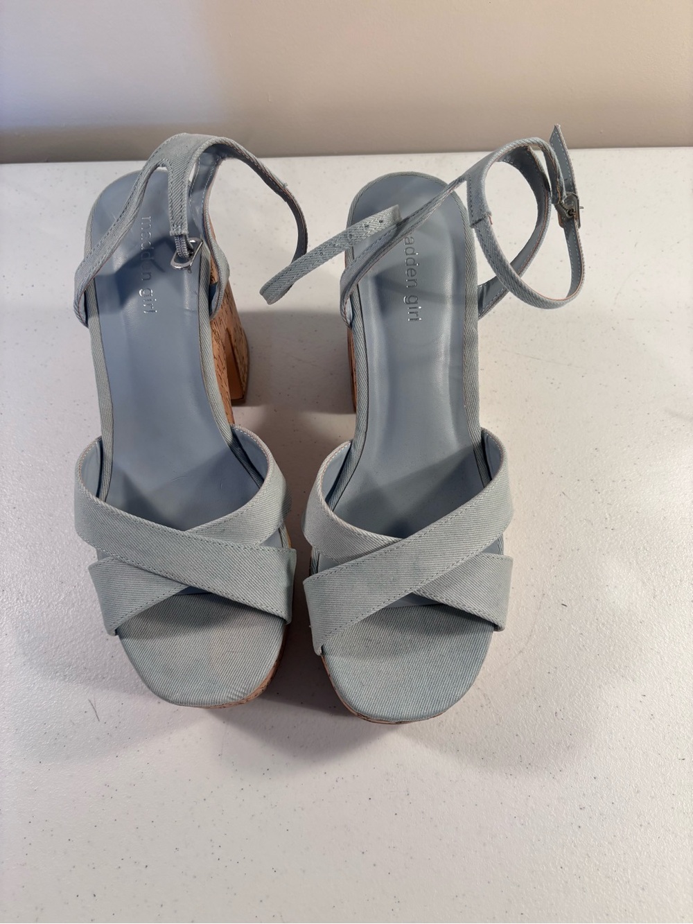 Madden Girl Pale Blue Crisscross Ankle Strap, block cork Heel Sandals
